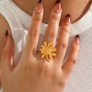 Bague Tournesol Acier Inoxydable Ouverte Réglable Bijoux Floraux Mode Tendance Pour Femmes Filles