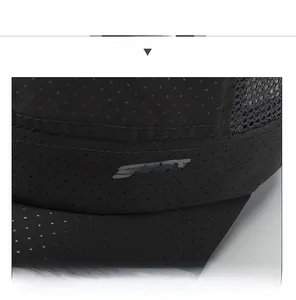 Detail of breathable black mesh fabric and SPORTS logo on the men's sun cap