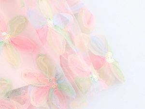 Détail de maille rose avec broderie florale 3D et paillettes sur une robe longue