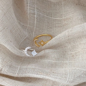 Minimalist 925 sterling silver rings with micro-set zircon star and moon designs