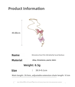 Detailed size specifications for pink tulle butterfly tassel necklace with pearls