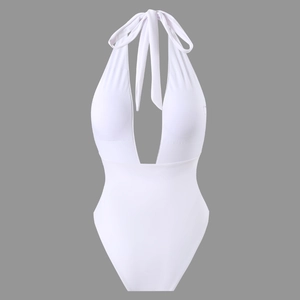 Detail of white halter neck swimsuit featuring a deep V-neckline and high-cut leg design