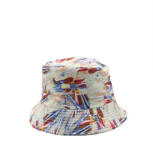 Abstract fluid print bucket hat with colorful oil painting pattern and flat top crown