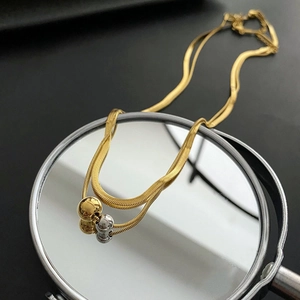 Double Layer Titanium Steel Necklace For Women Gold Silver Spheres Herringbone Snake Chain Minimalist Elegant Jewelry