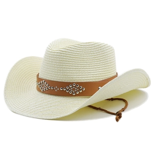 Detail of white western straw hat with studded leather band and adjustable chin strap