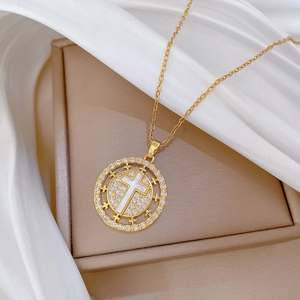 Luxurious gold stainless steel necklace with a crystal-encrusted round cross pendant