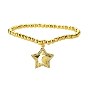 Macro view of gold beaded bracelet featuring a star and moon pendant with zircon details