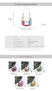 Detailed spec sheet of colorful PU leather crescent bag with dimensions and multi-color options