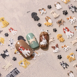 Detailed view of 3D embossed cartoon dog nail stickers with cute Shiba Inu and Corgi patterns