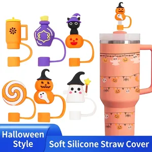 Halloween Straw Cover Caps Dustproof Reusable PVC Silicone Ghost Pumpkin Cat For Tumbler Cups Toppers Decorative
