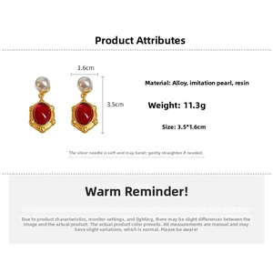 Detailed view of vintage oval resin earrings with faux pearls and metal base dimensions