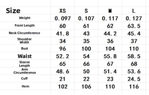 Detailed size guide table for women's organza blouse showing measurements for XS to L sizes