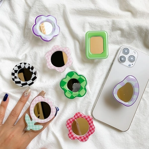 Checkerboard Retractable Phone Grip Mirror Portable Flower Shaped Folding Stand For Smartphone Makeup Mirror Desktop Holder Accessories