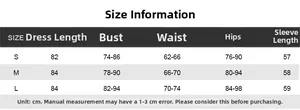 Size chart showing bust, waist, hips, and sleeve measurements for the long sleeve dress