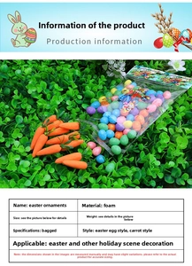 Detail view of foam Easter eggs and carrots in clear packaging for festive decoration