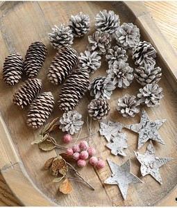 Macro detail of natural pine cones, red berries, and bark stars in a wooden tray