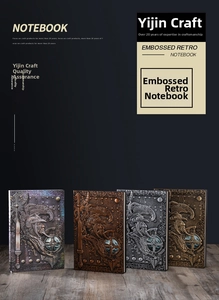 Detail of four retro embossed notebooks with metallic bronze and silver knight shield covers