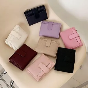 Small Bifold Wallet For Women PU Leather Canvas Patchwork Snap Button Closure Zipper Coin Pocket Card Slots Simple Style