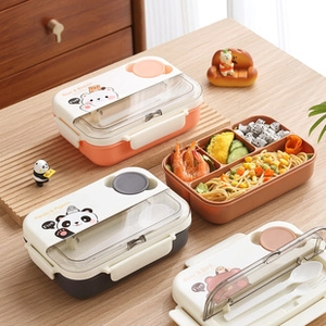 Close-up of divided bento box with three compartments and transparent lid for kids
