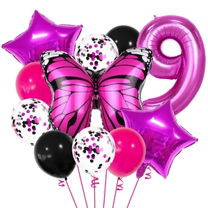 Magenta and black birthday balloon kit with butterfly, number 9, and confetti stars