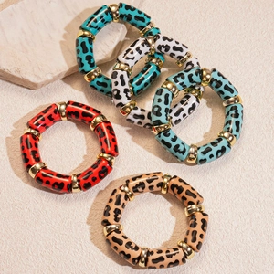 Colorful acrylic leopard print stretch bracelets set with gold metal spacers and marble pattern