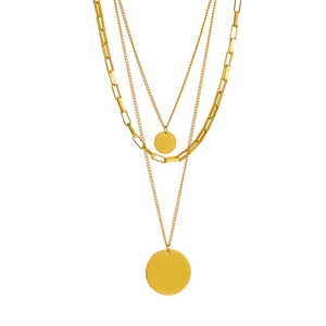 Three-layer gold titanium steel necklace with layered chains and round pendant tags