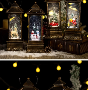 Close-up of vintage bronze Christmas lanterns with reindeer and snowman miniatures