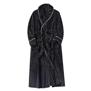 Classic black flannel bathrobe with white piping and belted waist on white background