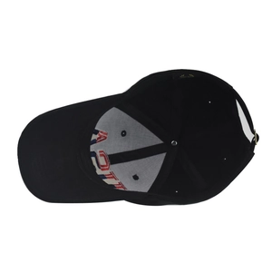 Detail view of cotton baseball cap interior with USA embroidery and metal buckle