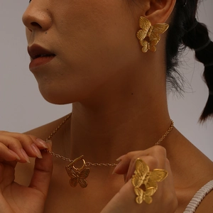 Exquisite gold butterfly jewelry set featuring textured necklace earrings and open ring