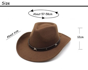 Detailed view of western cowboy hat measurements for head size, brim width, and crown height
