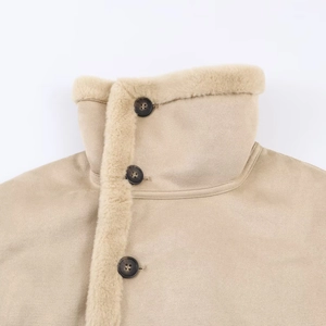 Detail of khaki suede jacket featuring plush faux shearling collar and dark buttons