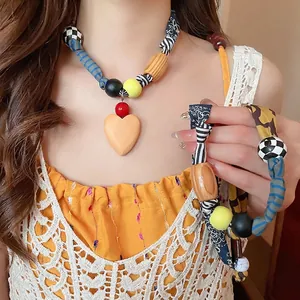 Collier Pendentif Cœur Bohème Tissu Imprimé Bois Perles Acrylique Fait Main Bijoux Ethniques Pour Femmes