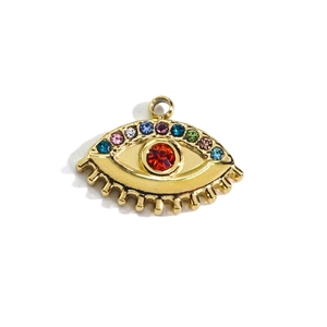 Golden evil eye pendant with colorful zircons and a large red center crystal