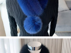 Detail of fluffy faux fur collars in royal blue and black with ribbon pompom accents