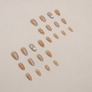 Glittering aurora square diamond almond press-on nails with amber gradient and rhinestones