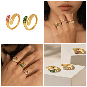 Detail view of gold-plated crossover rings with colorful zircon inlays on model
