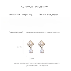 Detailed view of vintage hollow metal earrings with pearls showing dimensions and 6.6g weight