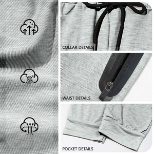 Grey men's fitness jogger pants with elastic drawstring waist and breathable mesh fabric