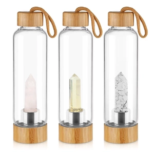 Bamboo lid glass water bottles with internal pink yellow and white crystal pillars