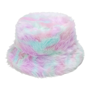 Close-up showing the soft macro texture of the colorful pastel plush faux fur bucket hat