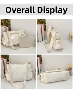 Vista desde cuatro ángulos del bolso ita de lona beige con ventana transparente para pines