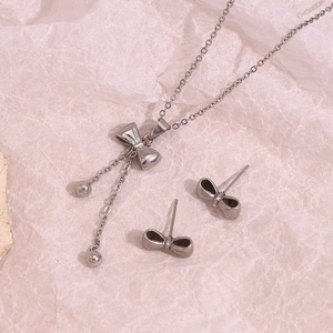 Silver stainless steel bowknot jewelry set including necklace and stud earrings