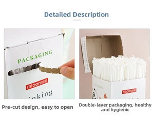 Detail of disposable straws box featuring easy-tear pre-cut design and double packaging