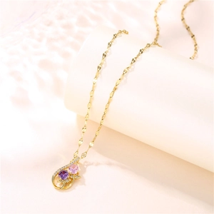 Golden titanium steel necklace with colorful zircon floral waterdrop pendant on lip chain