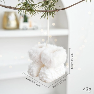 Detailed view of white plush Christmas boot ornament with size and weight dimensions