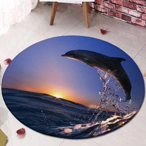 Rond absorberend flanellen vloerkleed met dolfijn en zonsondergang voor de woonkamer