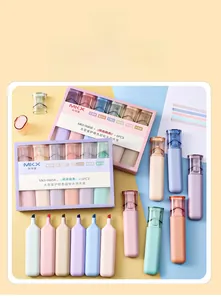 Detail of macaron pastel highlighters set showing various soft colored markers and packaging