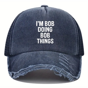 Close-up of distressed denim trucker hat with mesh back and embroidered white BOB text