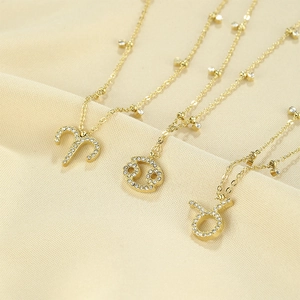 Zodiac Sign Pendant Necklace Stainless Steel Gold Plated Cubic Zirconia Dainty Jewelry For Women